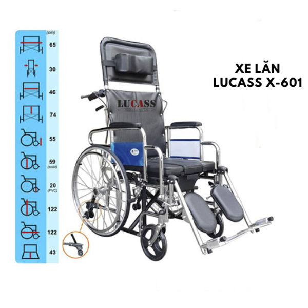 Xe lăn chống lật khung thép Lucass X601 Tặng bàn ăn